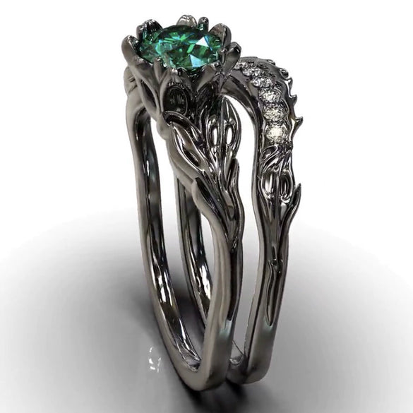 Ladies Gem Geometric Style Ring Electroplated Gun Black With Emerald