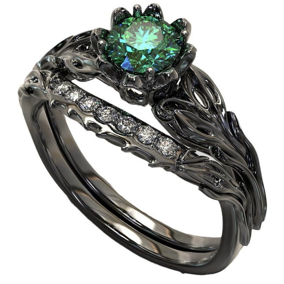 Ladies Gem Geometric Style Ring Electroplated Gun Black With Emerald