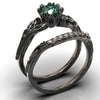 Ladies Gem Geometric Style Ring Electroplated Gun Black With Emerald