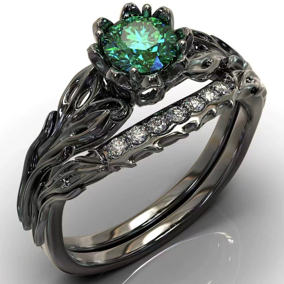Ladies Gem Geometric Style Ring Electroplated Gun Black With Emerald