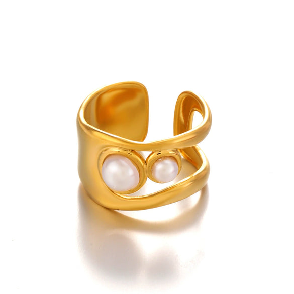 Ladies Geometric Pearl Inlaid Gold Plated Stainless Steel Ring