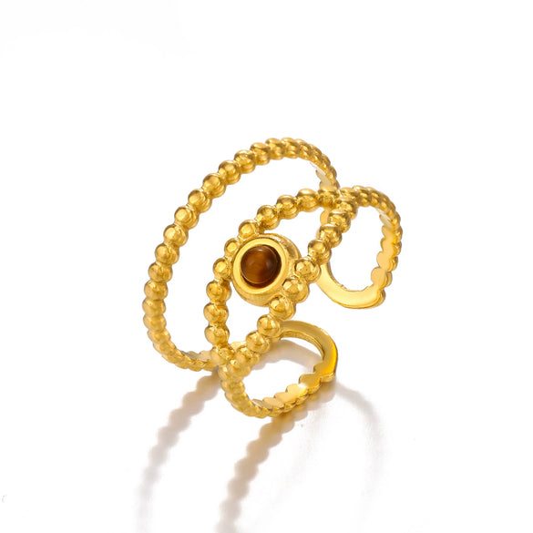 Ladies Geometric Titanium Steel Ring Inlaid With Tiger Stone Malachite Obsidian 18K Gold Plated