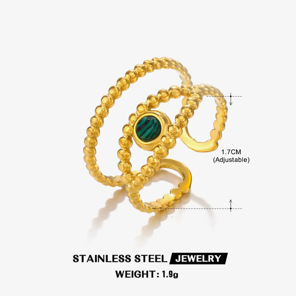 Ladies Geometric Titanium Steel Ring Inlaid With Tiger Stone Malachite Obsidian 18K Gold Plated