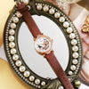 Ladies Hollow Quartz Watch Fashionable Alloy Imitation Leather Ordinary Glass Mirror Spiral Crown Pin Buckle Round Dial