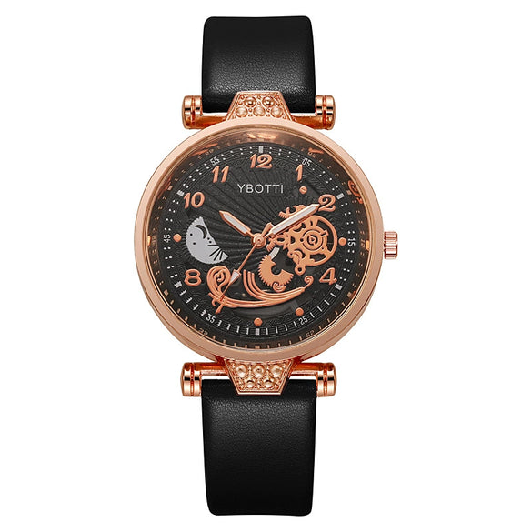 Ladies Hollow Quartz Watch Fashionable Alloy Imitation Leather Ordinary Glass Mirror Spiral Crown Pin Buckle Round Dial
