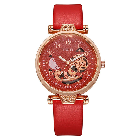 Ladies Hollow Quartz Watch Fashionable Alloy Imitation Leather Ordinary Glass Mirror Spiral Crown Pin Buckle Round Dial