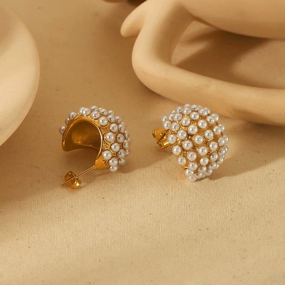 Ladies Imitation Pearl Titanium Steel Geometric Inlaid Earrings