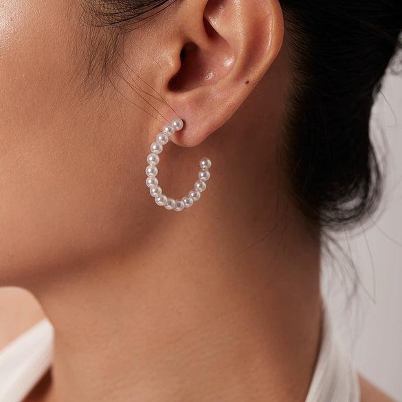 Ladies Large Pearl Cshaped Geometric Stainless Steel Electroplated Earrings