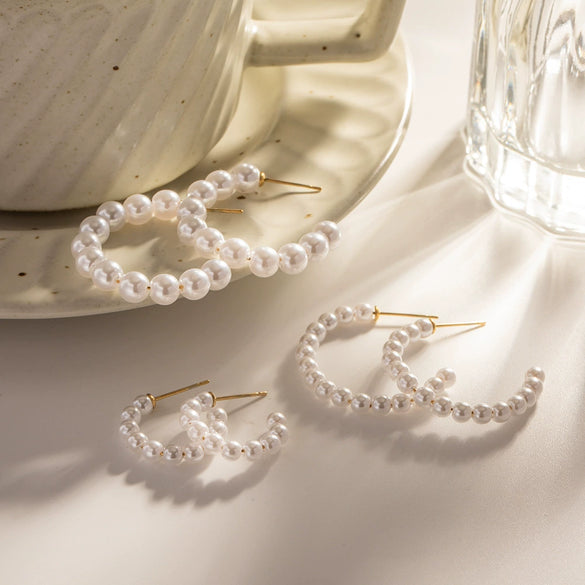 Ladies Large Pearl Cshaped Geometric Stainless Steel Electroplated Earrings