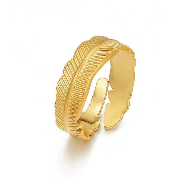 Ladies Leaf Pattern Stainless Steel Electroplated Open Adjustable Ring