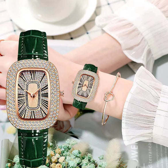 Ladies Leisure Alloy Case Imitation Leather Strap Round Egg Dial Rhinestone Watch