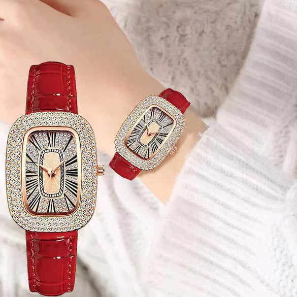Ladies Leisure Alloy Case Imitation Leather Strap Round Egg Dial Rhinestone Watch