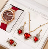 Ladies Leisure Alloy Quartz Watch And Pu Strap Jewelry Set With Round Dial Including Bracelet Ring Earrings And Necklace