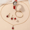 Ladies Leisure Alloy Quartz Watch And Pu Strap Jewelry Set With Round Dial Including Bracelet Ring Earrings And Necklace