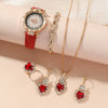 Ladies Leisure Alloy Quartz Watch And Pu Strap Jewelry Set With Round Dial Including Bracelet Ring Earrings And Necklace