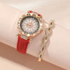 Ladies Leisure Alloy Quartz Watch And Pu Strap Jewelry Set With Round Dial Including Bracelet Ring Earrings And Necklace