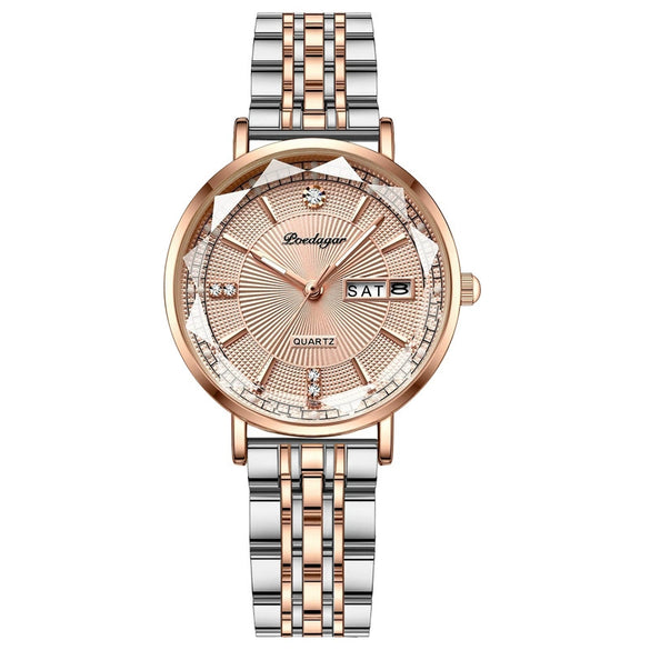 Ladies Leisure Alloy Watch With Double Calendar And Round Dial