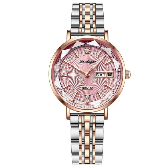 Ladies Leisure Alloy Watch With Double Calendar And Round Dial