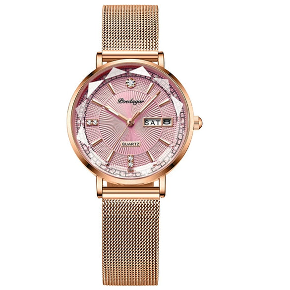 Ladies Leisure Alloy Watch With Double Calendar And Round Dial