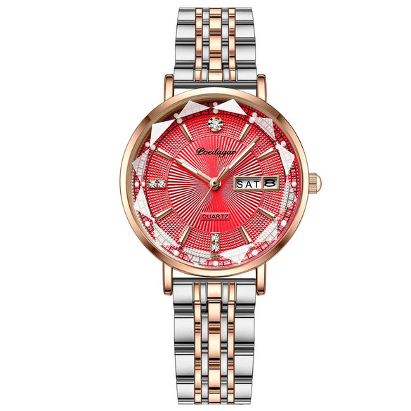 Ladies Leisure Alloy Watch With Double Calendar And Round Dial