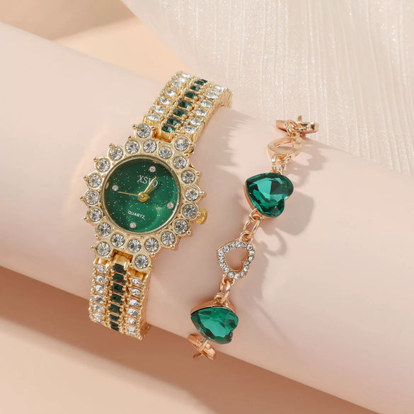 Ladies Leisure Green Quartz Watch With Alloy Case And Stainless Steel Band Round Dial