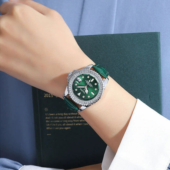 Ladies Leisure Metal Case Imitation Leather Strap Round Dial Watch