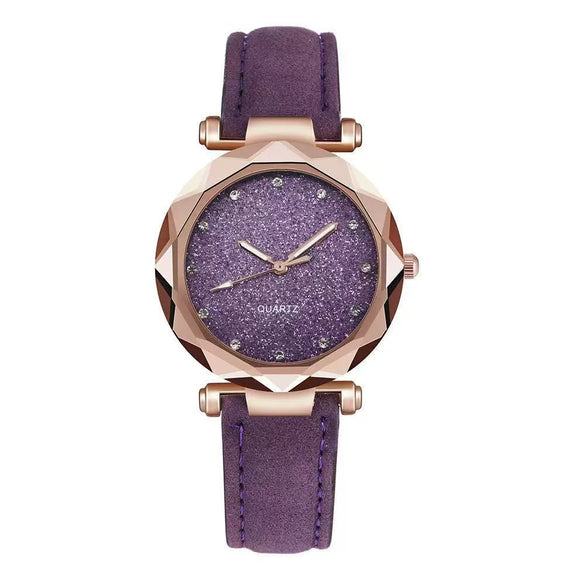 Ladies Leisure Quartz Watch With Alloy Case Imitation Leather Strap Round Dial And Starry Sky Silver Powder Pattern