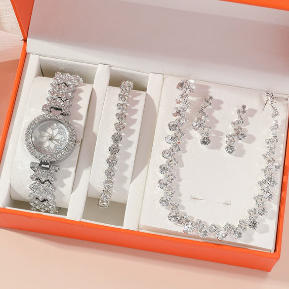 Ladies Leisure Style Quartz Watch Gift Set With Alloy Case Stainless Steel Strap And Round Dial