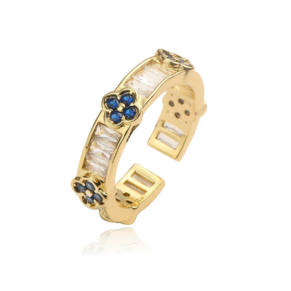 Ladies Light Luxury Copper Four Leaf Clover Flower Petal Open Ring With Zirconia