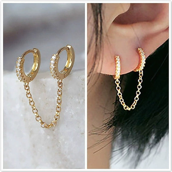 Ladies Long Chain Earrings Copper Inlaid Zircon Geometric Style