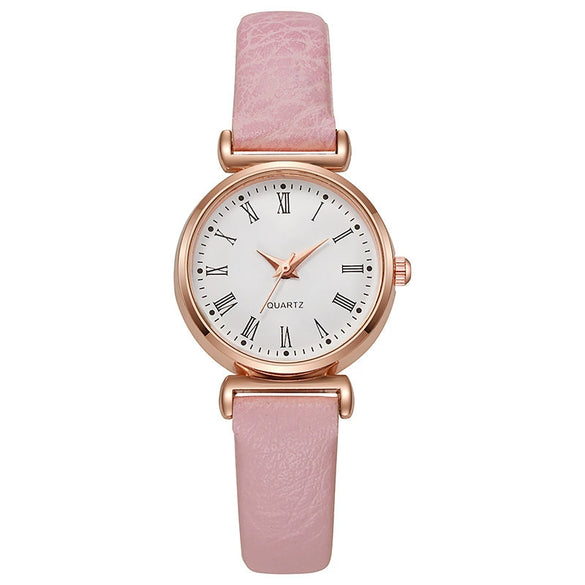 Ladies Luxury Quartz Watch Alloy Case Imitation Leather Strap Stainless Steel Buckle Round Dial Casual Style