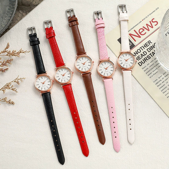 Ladies Luxury Quartz Watch Alloy Case Imitation Leather Strap Stainless Steel Buckle Round Dial Casual Style
