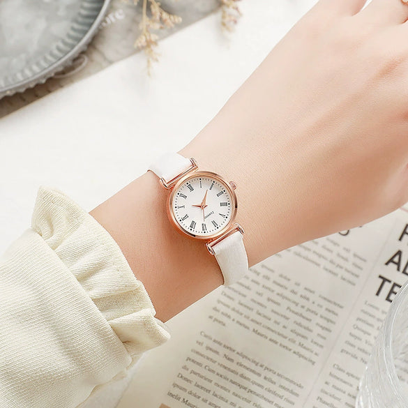 Ladies Luxury Quartz Watch Alloy Case Imitation Leather Strap Stainless Steel Buckle Round Dial Casual Style