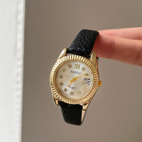 Ladies Metal Casual Round Dial Medieval Style Watch With Convex Lens Design And Calendar