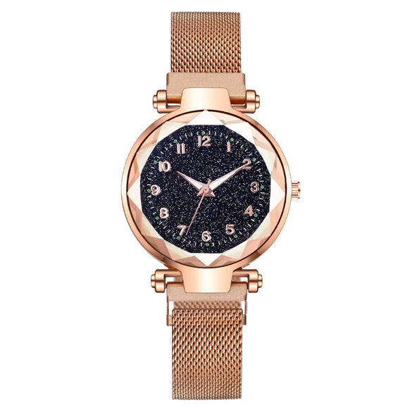 Ladies Metal Strap Fashionable Magnet Digital Starry Sky Round Dial Watch