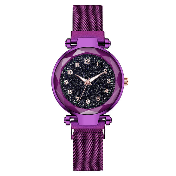 Ladies Metal Strap Fashionable Magnet Digital Starry Sky Round Dial Watch