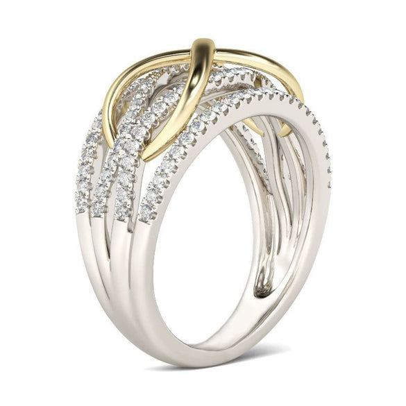 Ladies Metal Twocolor Goldplated Wave Pattern Ring With Korean Pearls