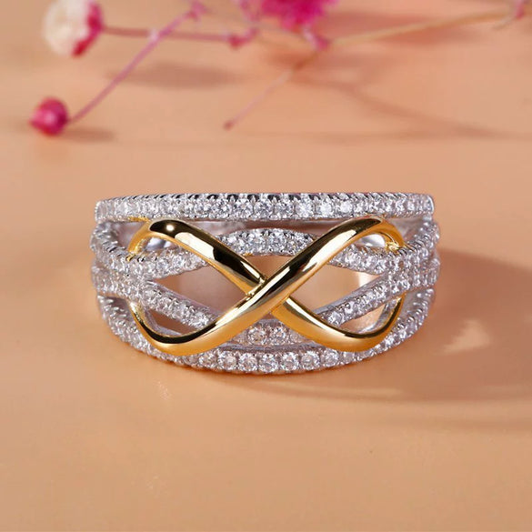 Ladies Metal Twocolor Goldplated Wave Pattern Ring With Korean Pearls