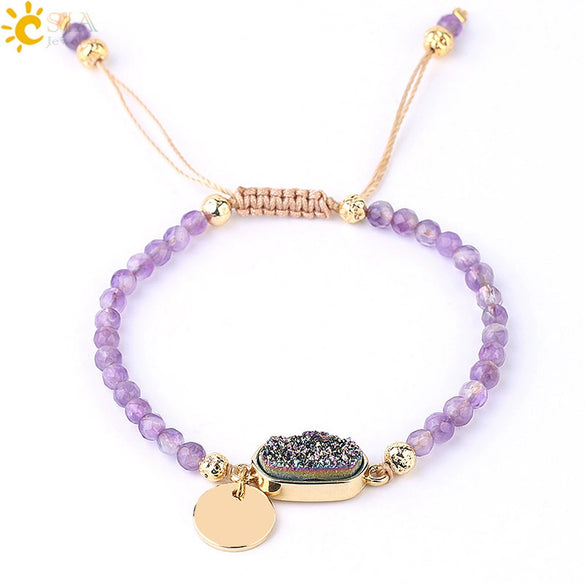 Ladies Minimalist Bracelet Natural Stone Alloy Accessories Gold Plated Amethyst Crystal Bud