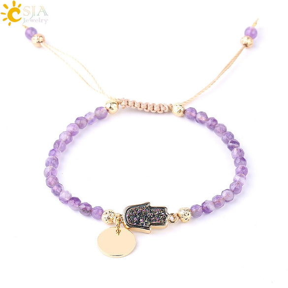 Ladies Minimalist Bracelet Natural Stone Alloy Accessories Gold Plated Amethyst Crystal Bud