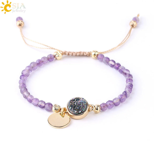 Ladies Minimalist Bracelet Natural Stone Alloy Accessories Gold Plated Amethyst Crystal Bud