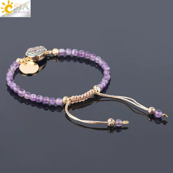 Ladies Minimalist Bracelet Natural Stone Alloy Accessories Gold Plated Amethyst Crystal Bud