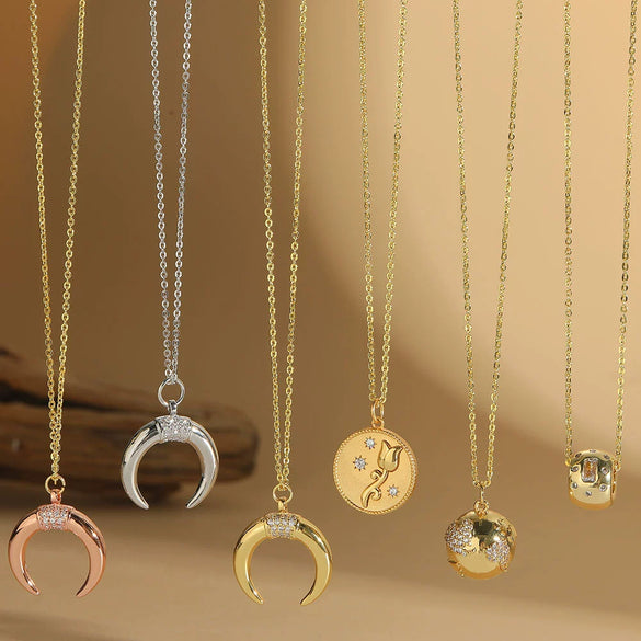 Ladies Necklace Jewelry Copper Mixed Gemstone Inlay Crescent Moon Pendant O Chain Geometric Minimalist Natural Zirconia