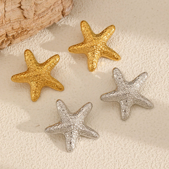 Ladies Niche Design Stainless Steel Star Shaped Earrings With Ocean Wind Starfish Element And 18K Gold Plating