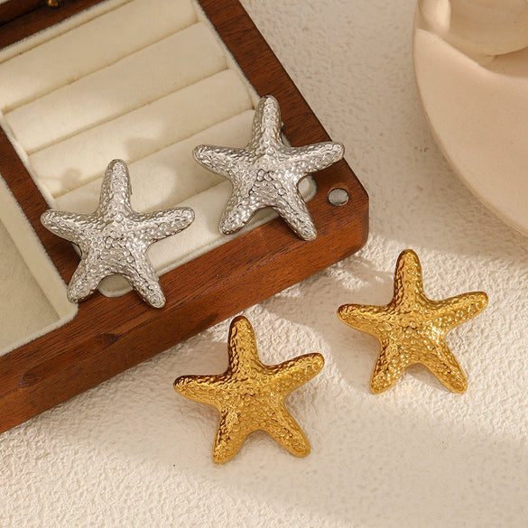 Ladies Niche Design Stainless Steel Star Shaped Earrings With Ocean Wind Starfish Element And 18K Gold Plating