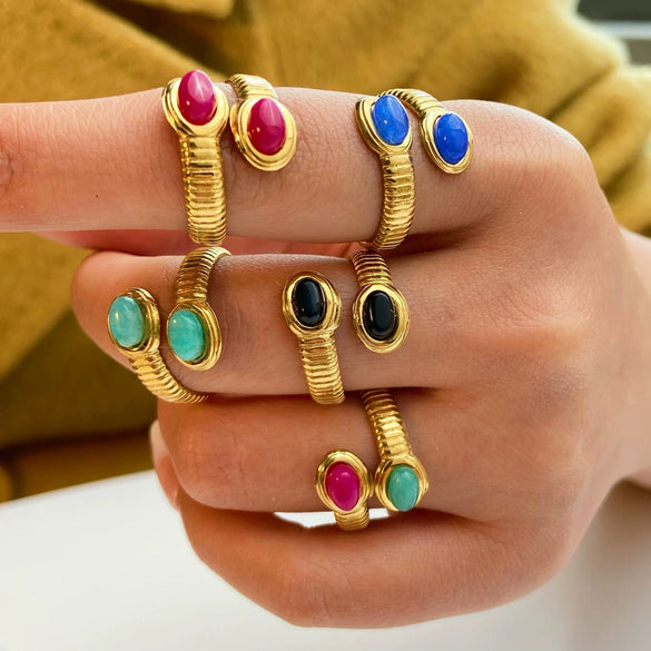 Ladies Niche Geometric Stainless Steel Ring Inlaid With Natural Stone And 18K Real Gold Electroplated