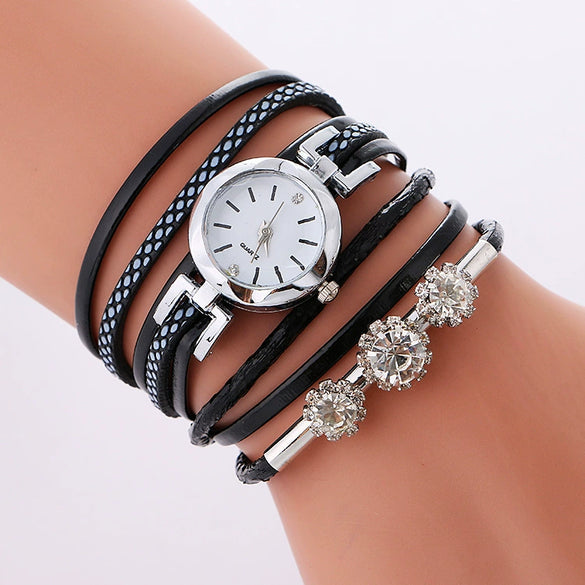 Ladies Quartz Bracelet Watch Alloy Case Imitation Leather Strap Round Dial Stainless Steel Clasp Leisure Style