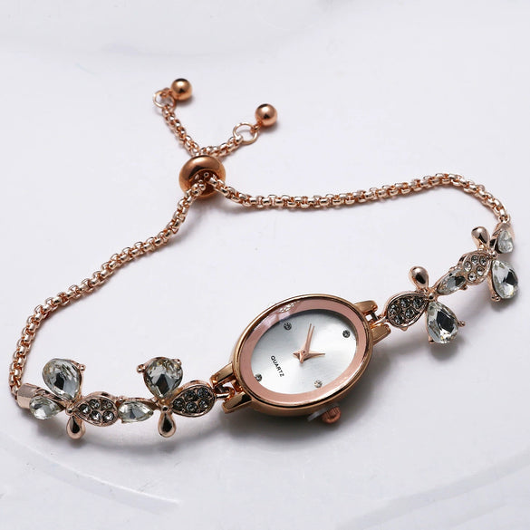 Ladies Quartz Bracelet Watch Stainless Steel Alloy Luxury Diamondstudded Oval Dial Leisure Style