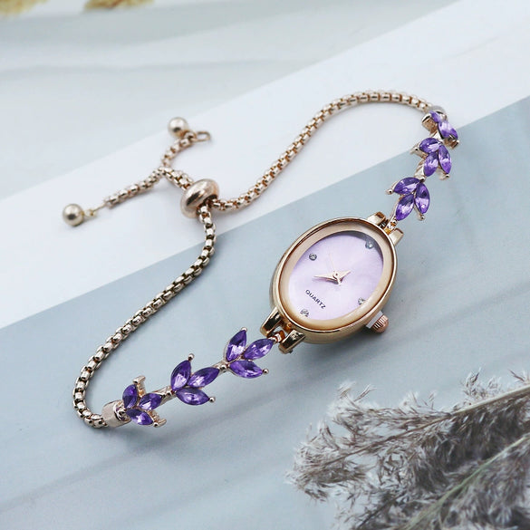 Ladies Quartz Bracelet Watch Stainless Steel Alloy Luxury Diamondstudded Oval Dial Leisure Style