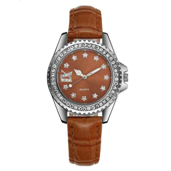 Ladies Quartz Watch Alloy Case Imitation Leather Strap Stainless Steel Clasp Round Dial